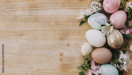 Colored easter eggs and spring flowers on wooden background
