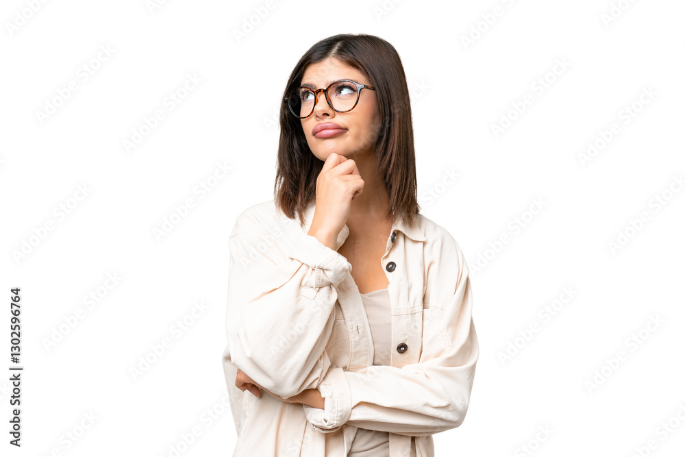 Young Russian woman over isolated chroma key background and looking up Young Russian woman over isolated chroma key background and looking up