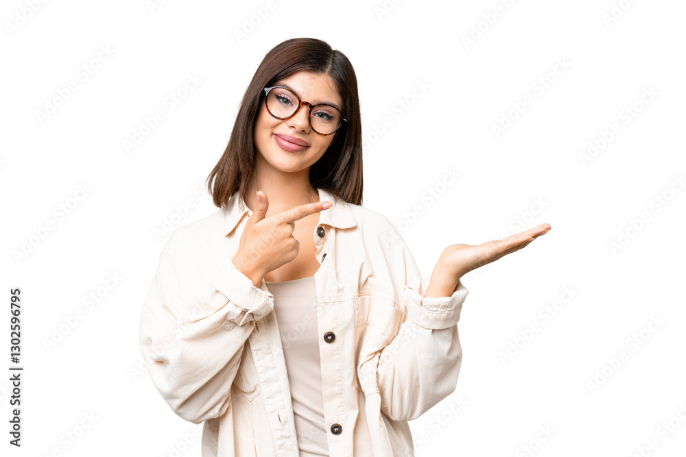 Young Russian woman over isolated chroma key background holding copyspace imaginary on the palm to insert an ad Young Russian woman over isolated chroma key background holding copyspace imaginary on the palm to insert an ad