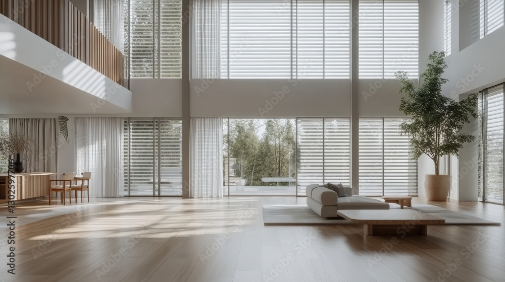 Fototapeta premium Elegant Modern Living Room with Large Windows and Minimalist Furniture Design
