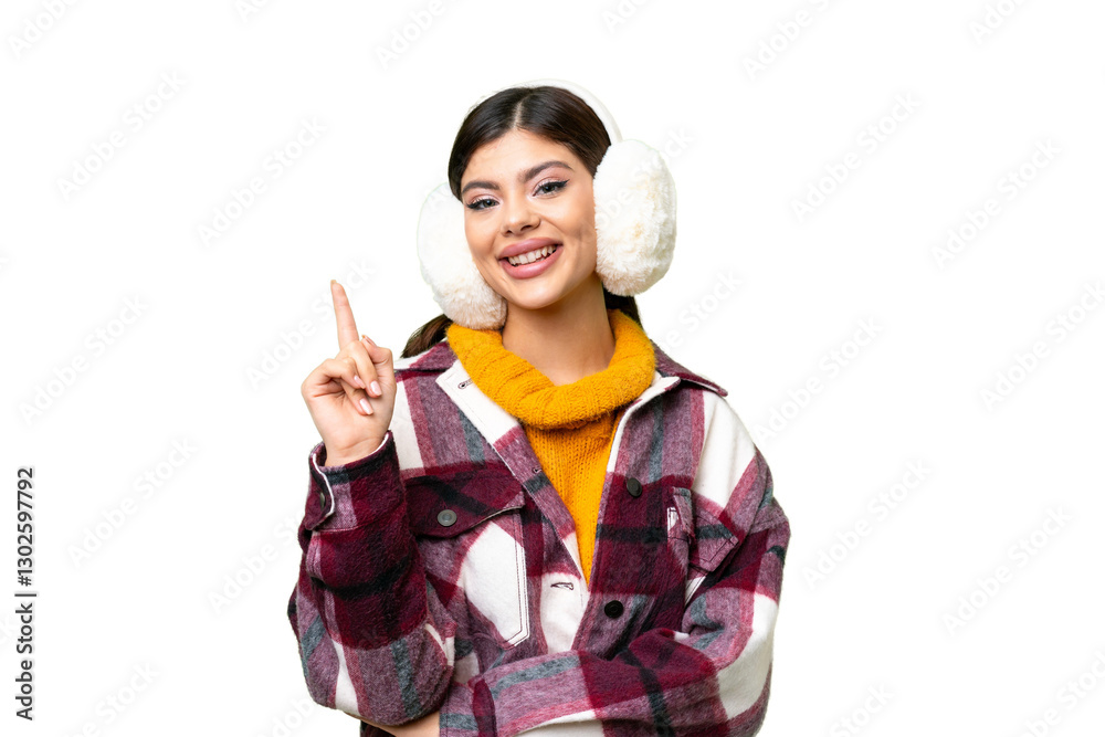 Young Russian woman wearing winter muffs over isolated chroma key background showing and lifting a finger in sign of the best Young Russian woman wearing winter muffs over isolated chroma key background showing and lifting a finger in sign of the best