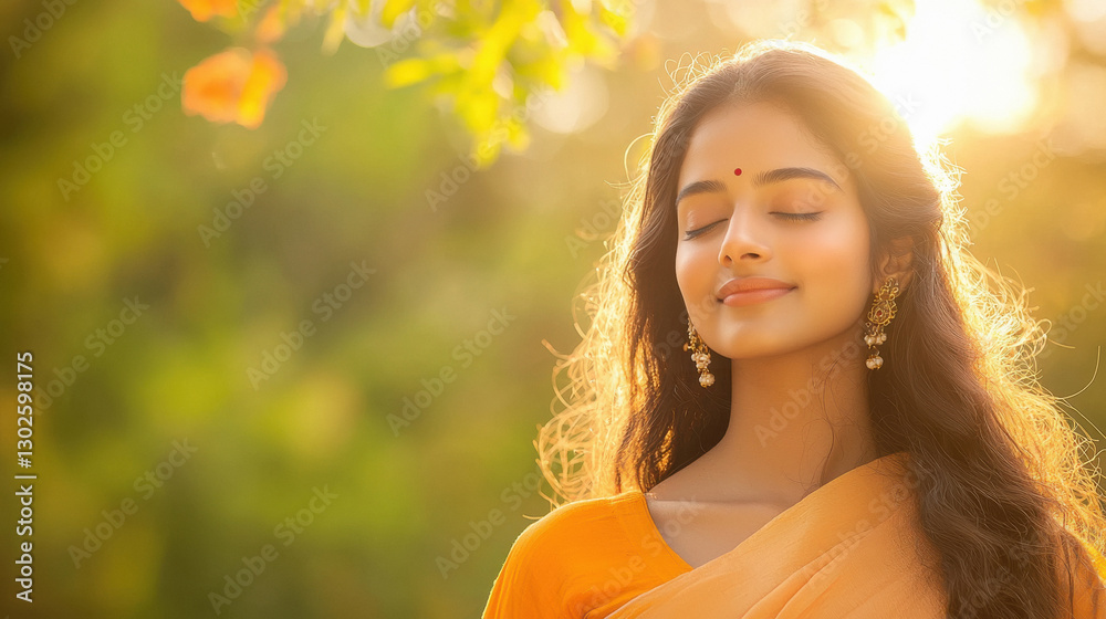 Fototapeta premium young indian woman wearing traditional yellow sari standing at park