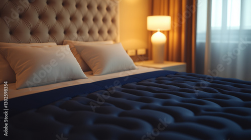 Wallpaper Mural Cozy Bedroom Design, Navy Blue Mattress, Beige Upholstered Headboard, White Pillows, Minimalist Nightstand, Neutral Tones, Soft Lighting, Clean Lines, High-Resolution Image, Home Decor Inspiration Torontodigital.ca