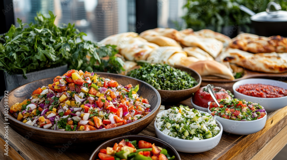 Fototapeta premium vibrant potluck gathering featuring colorful salads and fresh dishes