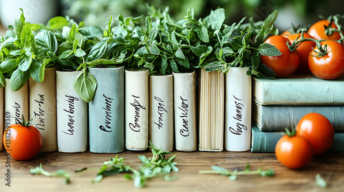 Fresh herbs sprout from vintage books, creating a vibrant, rustic still life.  This image evokes feelings of homegrown goodness and culinary inspiration.