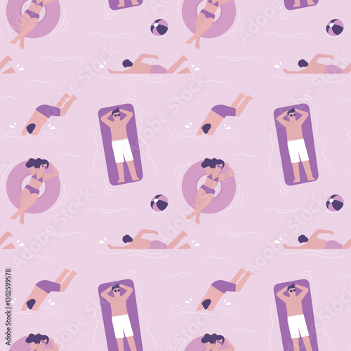 Happy people swimming, surfing and relax in the ocean, seamless pattern. Summertime travel, vacation. Texture, wallpaper template. Male and female characters have fun activity on water.