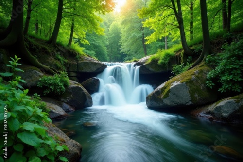 Fluss durch dichten W?lderwaldern mit Wasserfall, woodland, waterfall