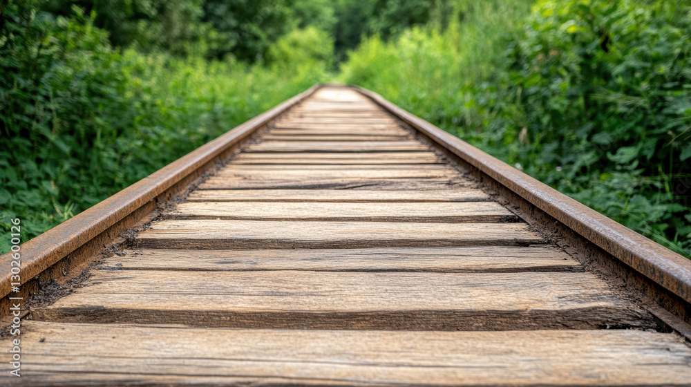 Abandoned train track with rusted rails and wooden planks surrounded by greenery Abandoned train track with rusted rails and wooden planks surrounded by greenery