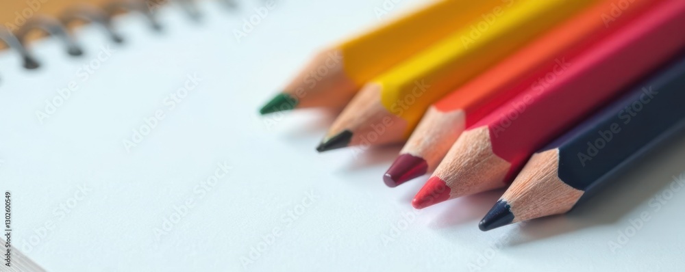 Pencils stacked neatly in a row on a plain notebook, clean, flat Pencils stacked neatly in a row on a plain notebook, clean, flat