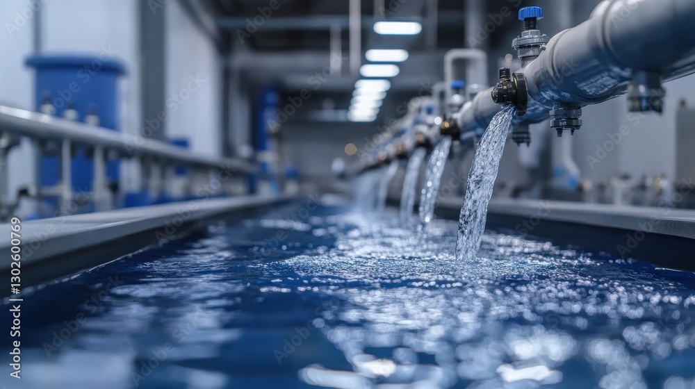 Fototapeta premium Industrial water filtration facility. Clean water flow in purification plant. Pipes and equipment manage ensuring a clean system. Technology and engineering in modern infrastructure.