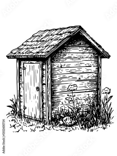 Engraved illustration of a rustic wooden shed surrounded by grass and wildflowers