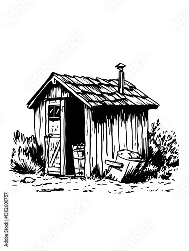 Engraved vector illustration of a rustic wooden shed surrounded by shrubs and a barrel on the ground