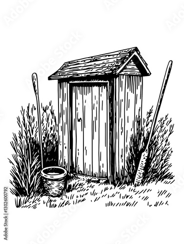 Rustic wooden shed with gardening tools surrounded by grass in a tranquil outdoor setting