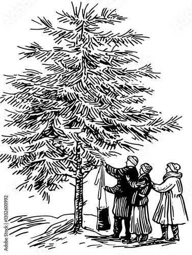 Families gathering around a Christmas tree to celebrate the holiday season with decorations and joyful moments