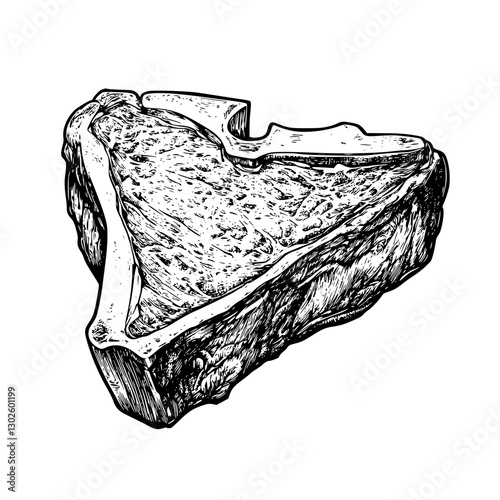 Engraved vector illustration of a detailed piece of triangular rock with textured surface showcasing rugged features