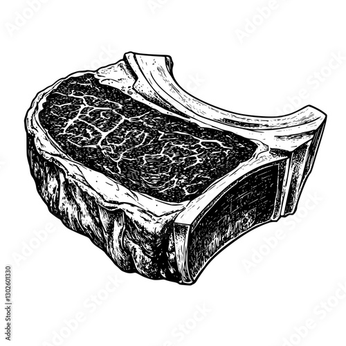 Engraved illustration of a t-bone steak with detailed marbling showcased in a vector format