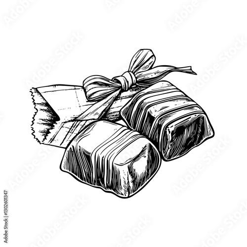 Engraved illustration of confectionery with a decorative bow on a wrapper presenting a delightful treat