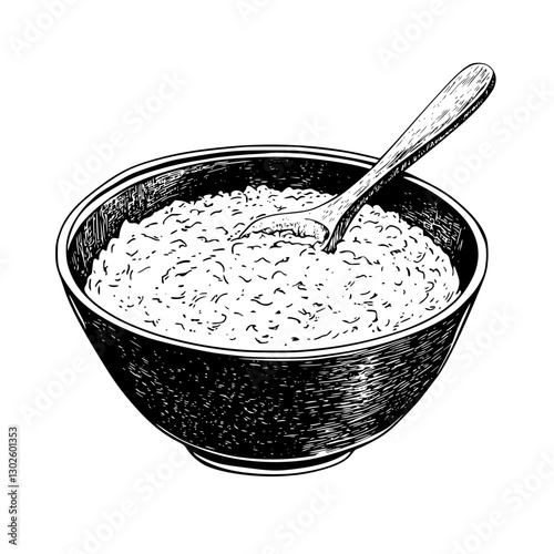 Engraved illustration of a bowl of oatmeal with a spoon in a rustic style showing a comforting breakfast meal