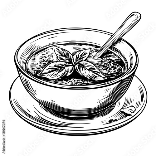 Engraved illustration of a bowl of soup with fresh basil on top and a spoon resting inside
