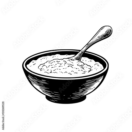 Engraved illustration of a bowl of oatmeal with a spoon, showcasing a simple and rustic breakfast experience