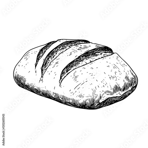 Engraved illustration of a rustic bread loaf with distinct slashes, showcasing artisanal baking techniques