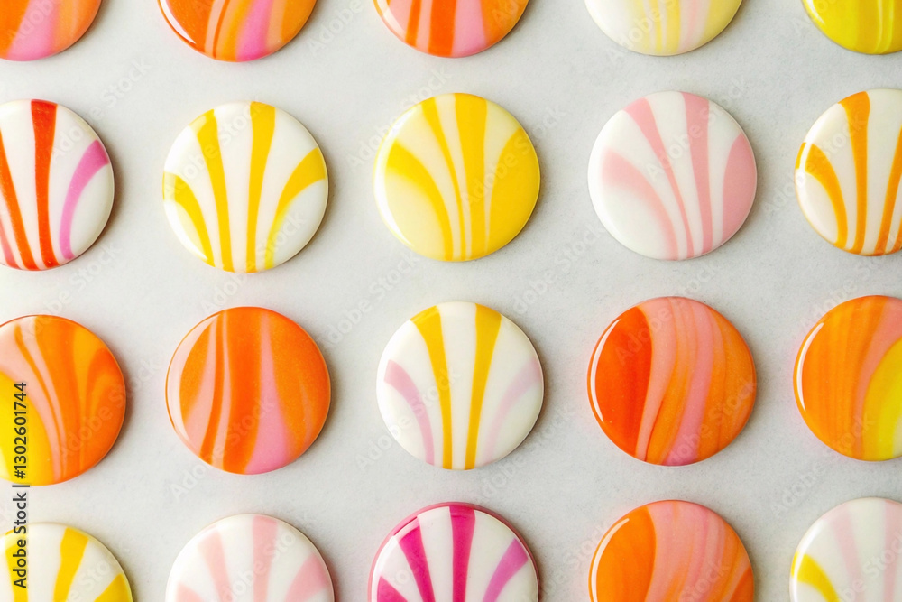 Colorful swirl pattern on round cookies arranged in grid.