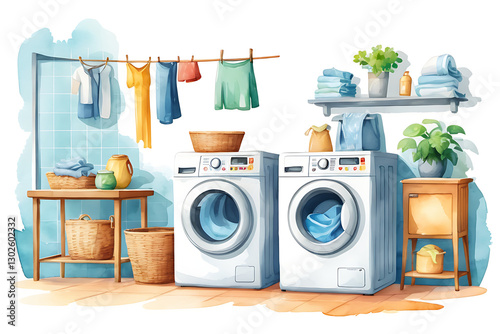 Watercolor Laundry Room Illustration with Washing Machines and Shelving