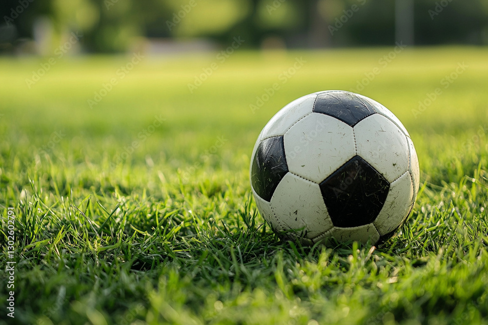 Fototapeta premium A soccer ball lies on the green grass, close up view. Generative AI