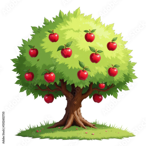 Cartoon-style apple tree with red apples and green leaves on transparent background