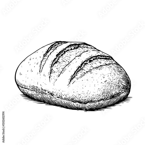 Engraved vector illustration of a freshly baked loaf of bread with visible slashes on the crust
