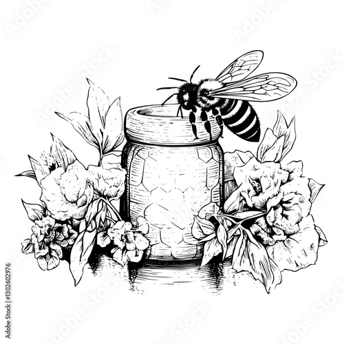 Engraved illustration depicting a bee atop a jar surrounded by blooming flowers in a natural setting
