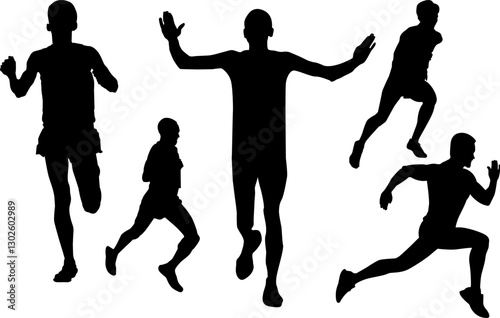 silhouette running men posture black shape on white background