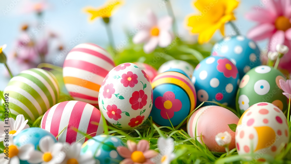Fototapeta premium Colorful Easter eggs decorated and scattered on a bed of fresh green grass with flowers