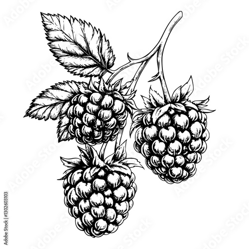 Engraved illustration of three ripe blackberries on a branch with leaves