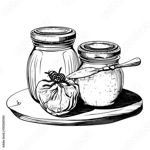 Engraved illustration of jars, spreads, and a pepper on a wooden board showcasing traditional food preservation techniques