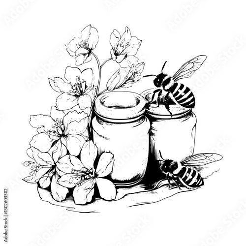 Engraved illustration of bees and jars with flowers in a natural setting showcasing pollination