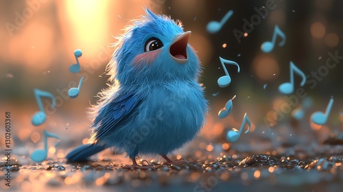 Enchanting Serenade: Tiny Blue Bird Harmonizing with Musical Notes Amidst Nature's Symphony