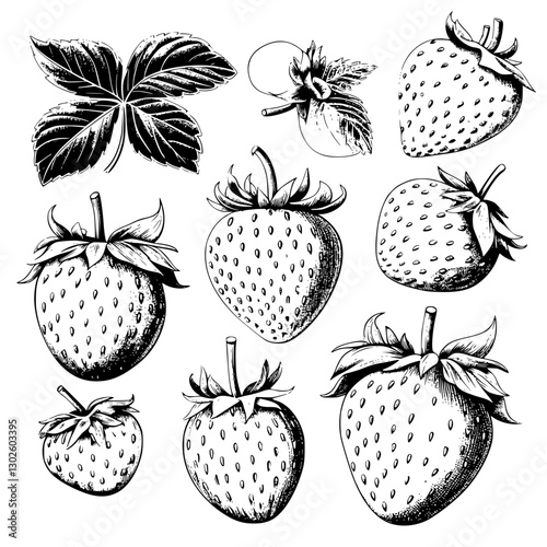 Engraved illustration featuring multiple varieties of strawberries with detailed leaves in a vector style