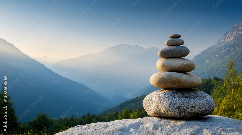 Serene stacked stones atop mountain rock, overlooking tranquil valley at sunrise. Serene stacked stones atop mountain rock, overlooking tranquil valley at sunrise.
