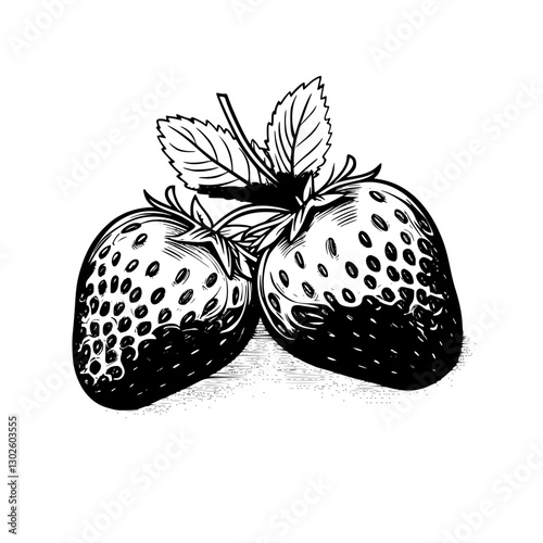 Engraved illustration of two ripe strawberries with detailed leaves in black and white design