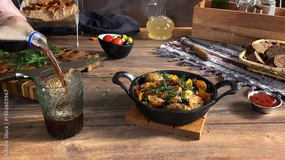 A man pours a dark carbonated drink into a beautiful glass. Cooked potatoes with onions and dill in a black cast iron frying pan.