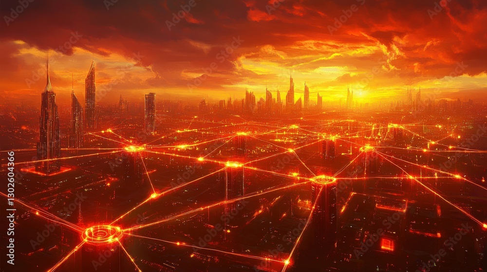 Naklejka premium Futuristic skyline with a glowing network at sunset. Modern cityscape and digital architecture form a connected urban landscape. Ideal for cyber backgrounds and technology visuals.