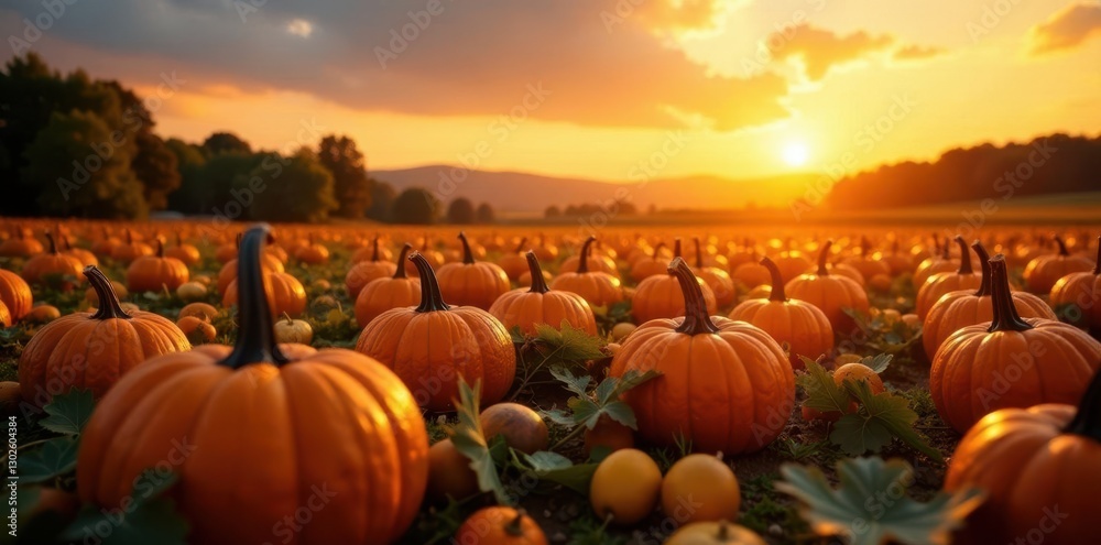 Golden background with pumpkin patch at sunset, landscape, autumn, seasonal Golden background with pumpkin patch at sunset, landscape, autumn, seasonal