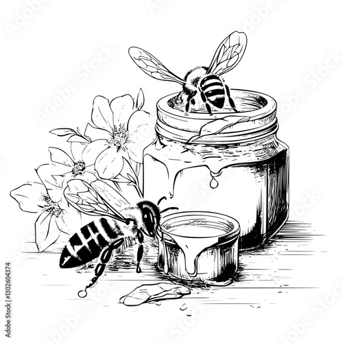 Engraved illustration of bees collecting honey from a jar surrounded by flowers