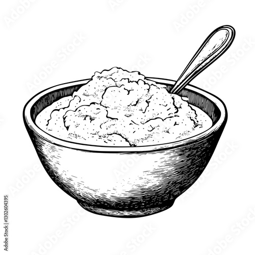 Engraved vector illustration of a bowl filled with creamy mashed potatoes and a spoon