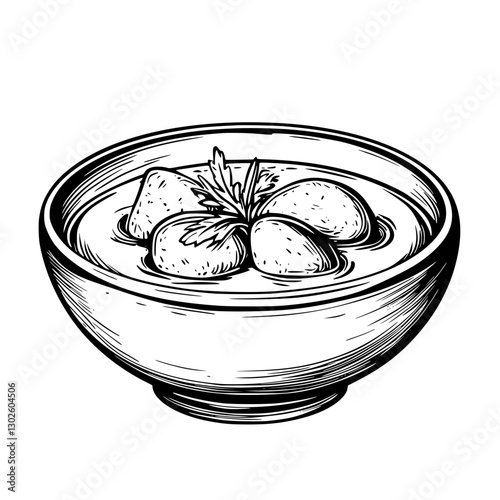 Engraved illustration of a bowl filled with dumplings and herbs in a traditional style