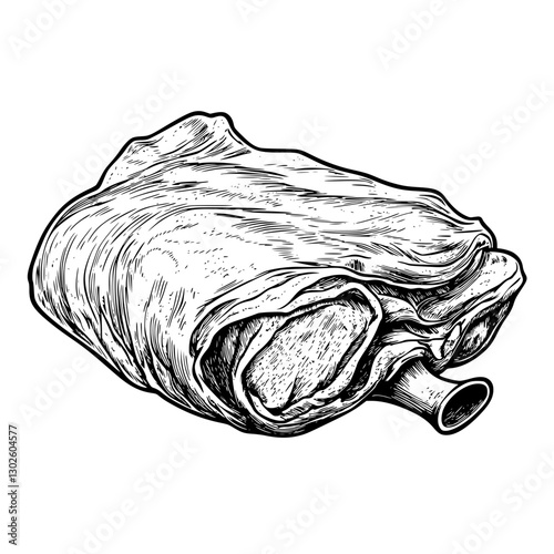 Engraved illustration of a rolled fabric with an attached tube showcasing detailed textures and folds