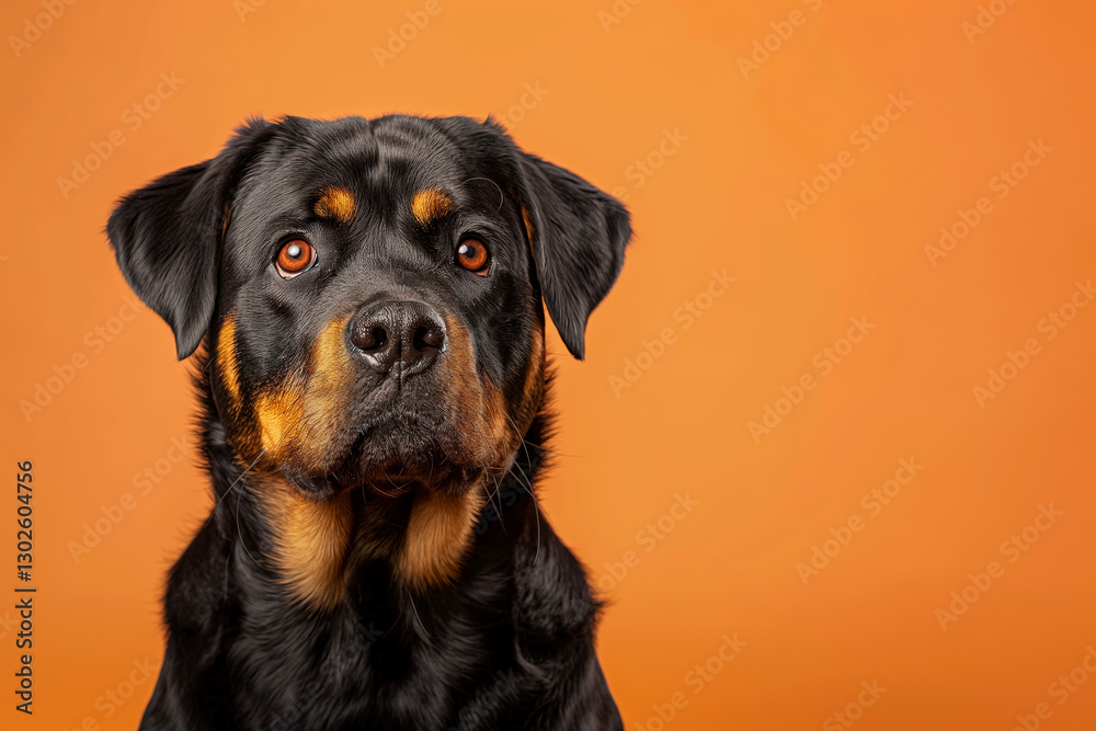 Obraz premium Rottweiler dog on minimalistic colorful background with Copy Space. Perfect for banners, veterinary ads, pet food promotions, and minimalist designs.