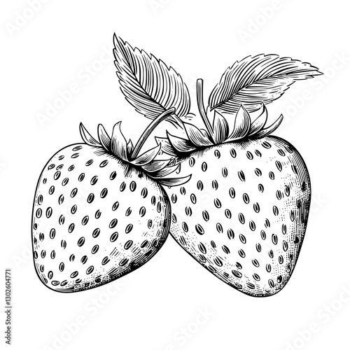 Engraved vector illustration of two ripe strawberries with leaves on a white background