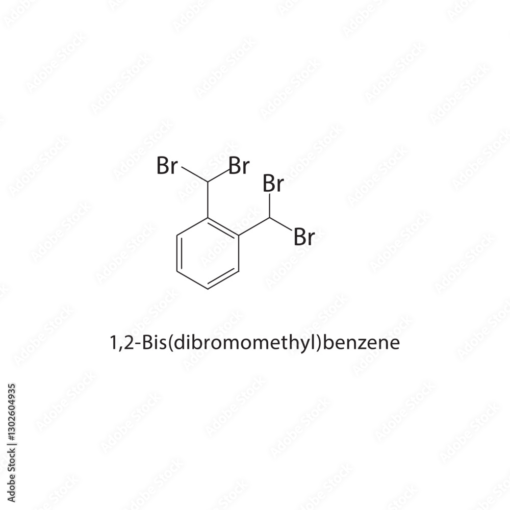1,2-Bis(dibromomethyl)-benzene skeletal structure.Halogenated Hydrocarbon compound schematic illustration. Simple diagram, chemical formula. 1,2-Bis(dibromomethyl)-benzene skeletal structure.Halogenated Hydrocarbon compound schematic illustration. Simple diagram, chemical formula.